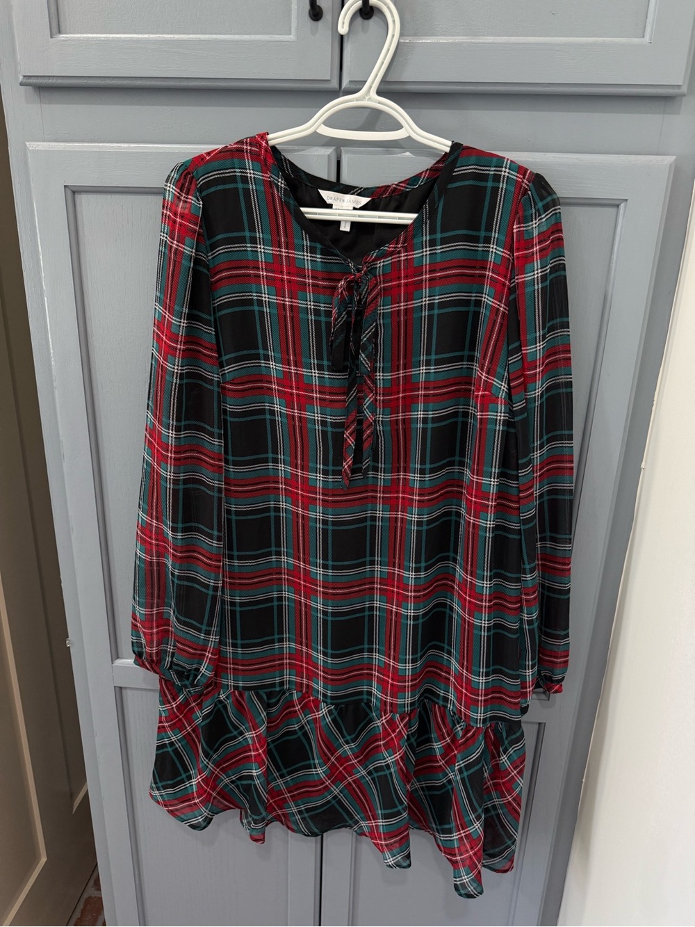 Draper James Black, Red & Teal Plaid Tie-Neck Mini Dress